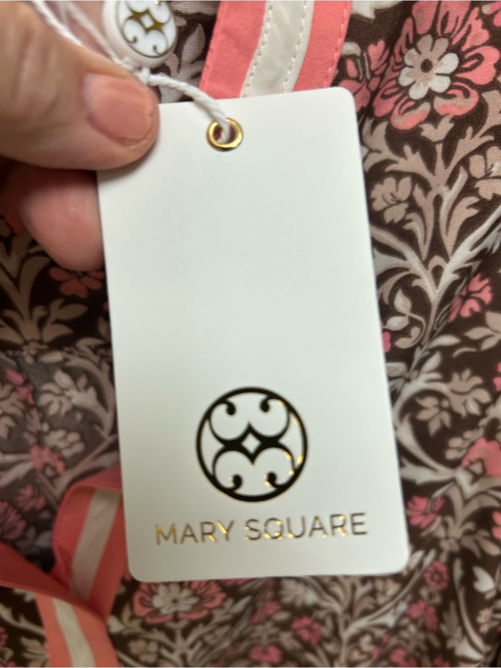 Mary Square Coral & Brown Floral Top with Coral & White Banded Neckline - Picture 2 of 16